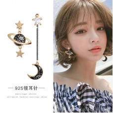Korea Earrings 925 Korean Personality Star Moon Earrings Female Asymmetric Black Planet Earrings Long