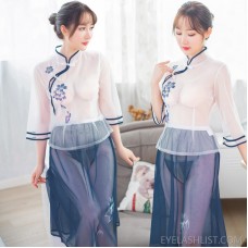 2018 new sexy lingerie retro small fresh print Republic of China dress long skirt three-piece open file perspective temptation