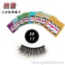 Cross-border for three pairs of false eyelashes with tweezers handmade eyelashes European and American makeup SD messy multi-layer curling